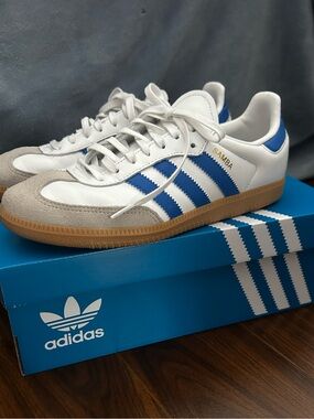 adidas Samba Classic White with Blue Stripes and Gum Sole